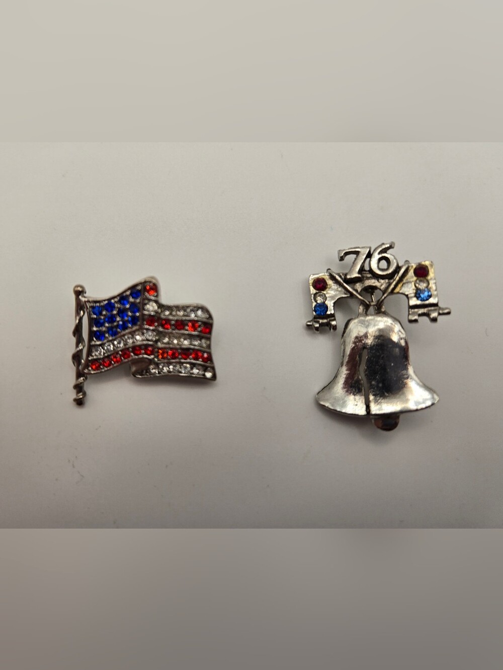 Patriotic Silvertone Flag & Liberty Bell Pin Set Red White Blue Rhinestone